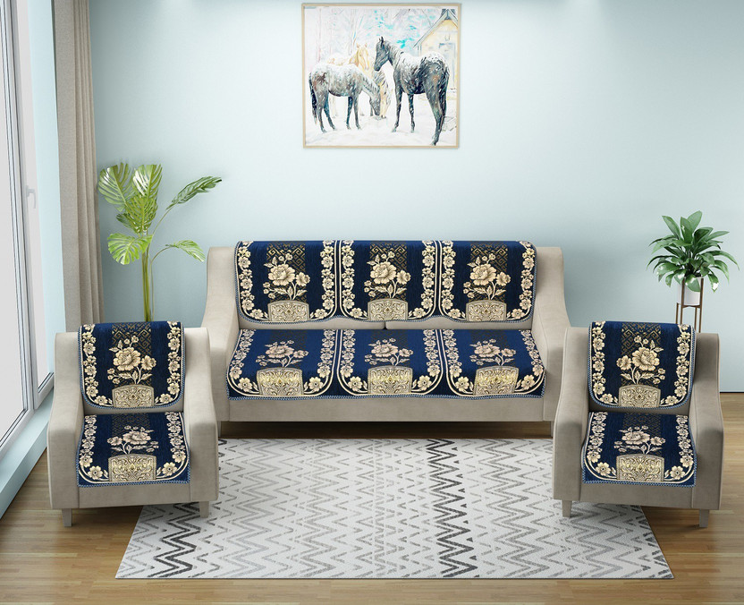 Nendle Chenille 3+2 Seater Sofa Floral Cover(Pack of 6 Purple)