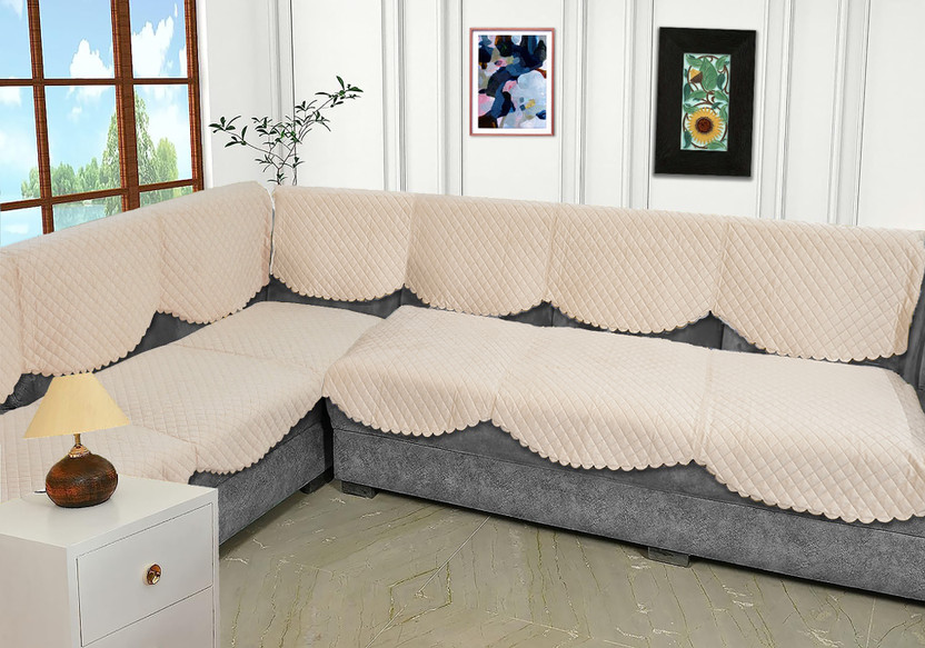 Fashion Throw Velvet 3+2 Seater Sofa Geometric Cover(Pack of 6 Beige)