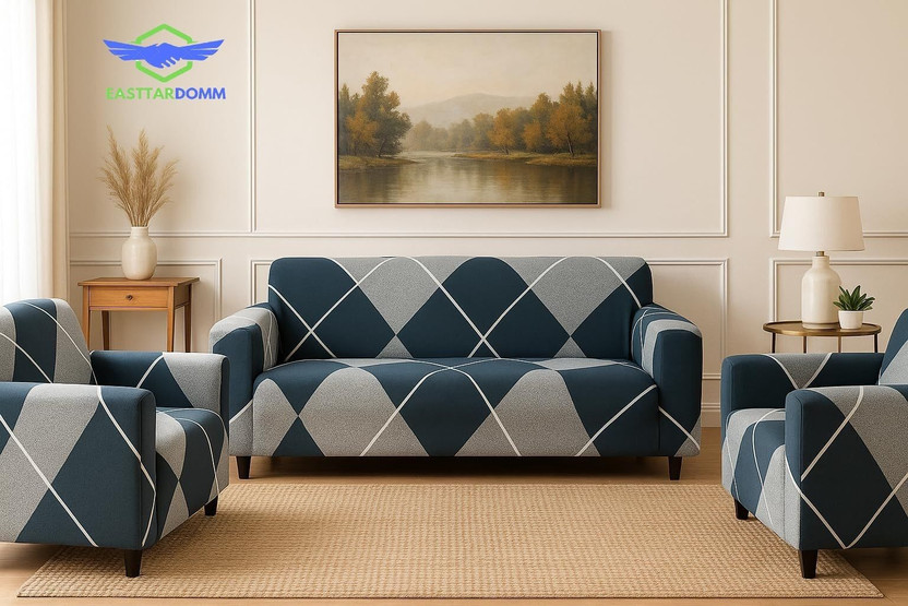 EASTTARDOMM Polyester 3+1+1 Seater Sofa Checkered Cover(Pack of 3 5 Seater Stretchable Fabric & Elastic Closure Fitted Sofa Cover Blue & Grey)