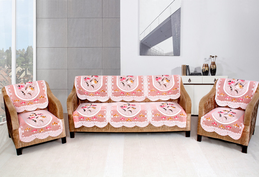 HUB OF DECOR Polyester 3+1+1 Seater Sofa Floral Cover(Pack of 1 Pink)