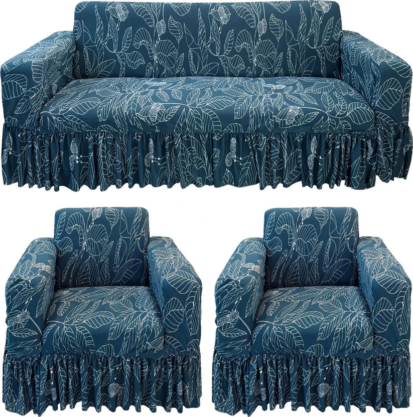 Gifts Island Polyester 3+1+1 Seater Sofa Floral Cover(Pack of 3 Blue Ash Non-Slip Stretchable Elastic 360° Frill Sofa Cover (3+1+1 Seater))