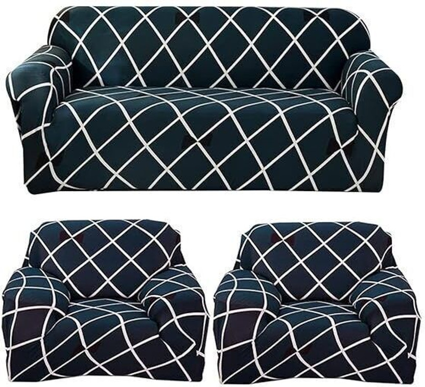 SmartFab Polyester 3+1+1 Seater Sofa Geometric Cover(Pack of 1 Blue)