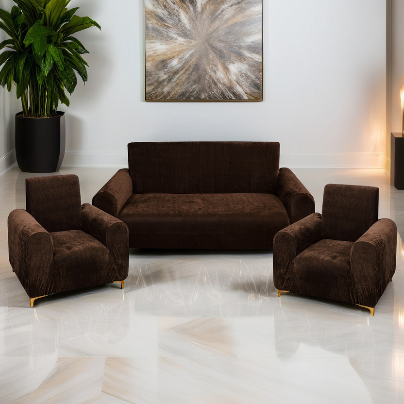 Rabhnoor Velvet 3+1+1 Seater Sofa Plain Cover(Pack of 3 brown)