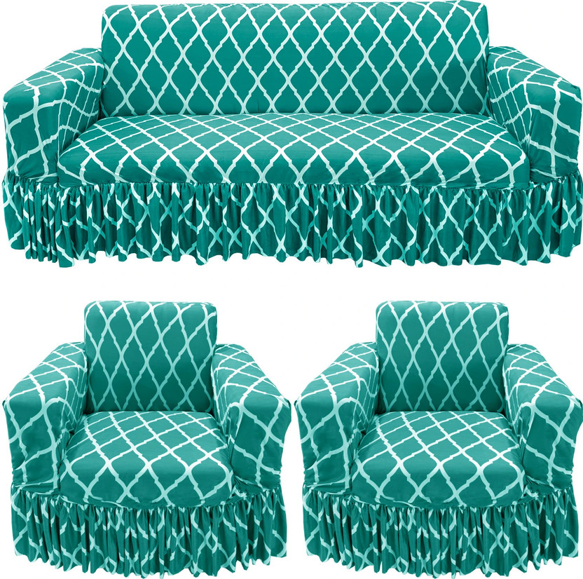 Gifts Island Polyester 3+1+1 Seater Sofa Geometric Cover(Pack of 3 Teal Diamond Non-Slip Stretchable Elastic 360° Frill Sofa Cover (3+1+1 Seater))