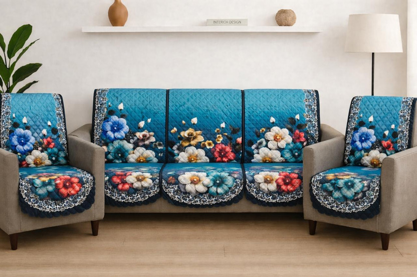 RSDECOR Velvet 3+1+1 Seater Sofa Floral Cover(Pack of 10 AQUA)