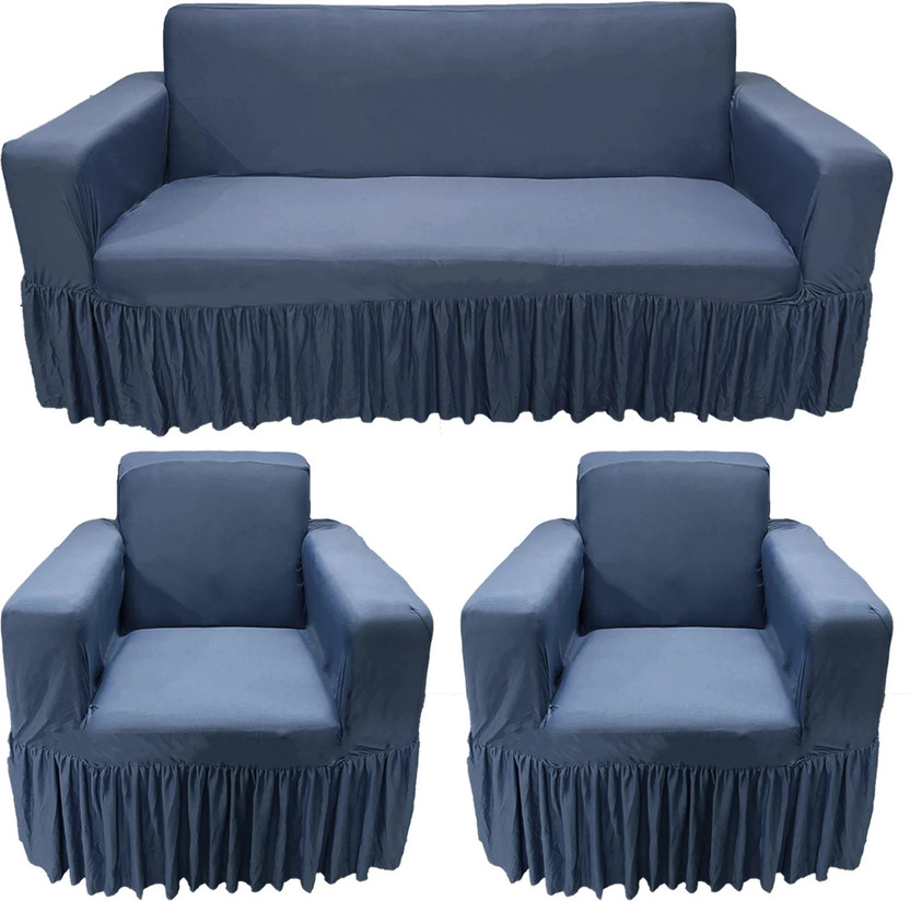 Gifts Island Polycotton 3+1+1 Seater Sofa Plain Cover(Pack of 3 Grey Plain Non-Slip Stretchable Elastic 360° Frill Sofa Cover (3+1+1 Seater)|)