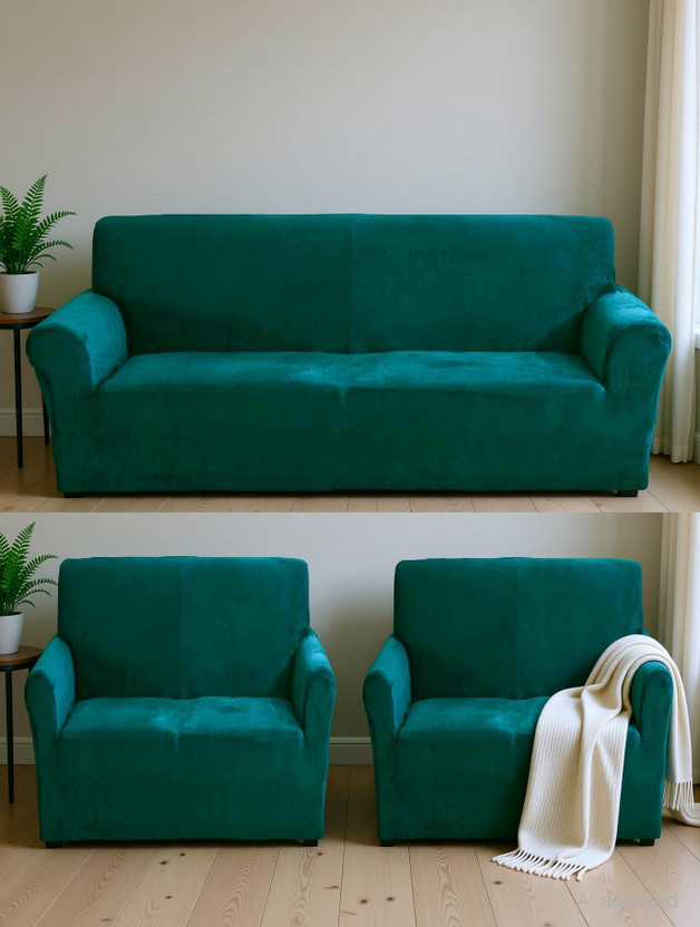 Gifts Island Velvet 3+1+1 Seater Sofa Plain Cover(Pack of 3 Teal Green)