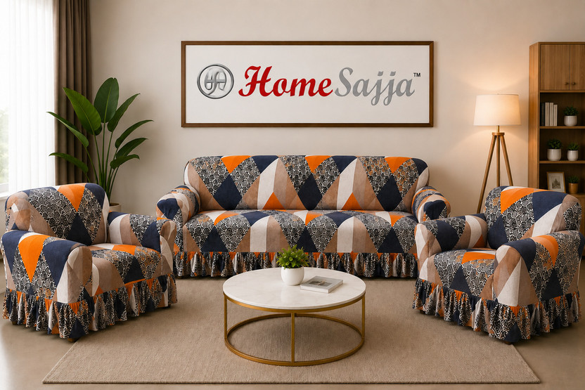 Homesajja Polyester 3+1+1 Seater Sofa Printed Cover(Pack of 3 Orange)