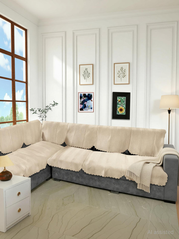Fashion Throw Velvet 3+2 Seater Sofa Geometric Cover(Pack of 6 Beige)