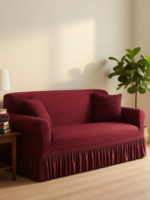 TONY STARK Polycotton 3 Seater Sofa Plain, Embroidered Cover(Pack of 1 Cherry Red)