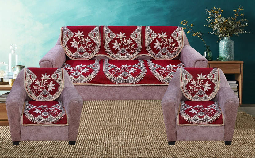 Nendle Cotton 3+2 Seater Sofa Floral Cover(Pack of 6 Maroon)