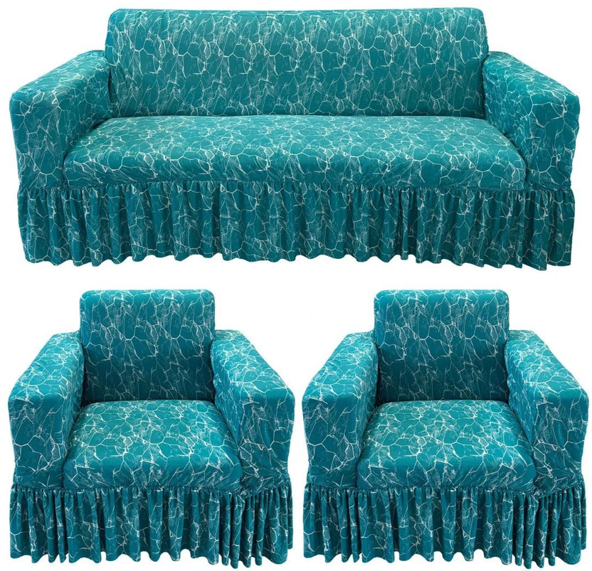Gifts Island Polyester 3+1+1 Seater Sofa Abstract Cover(Pack of 3 Teal Marble Non-Slip Stretchable Elastic 360° Frill Sofa Cover (3+1+1 Seater))