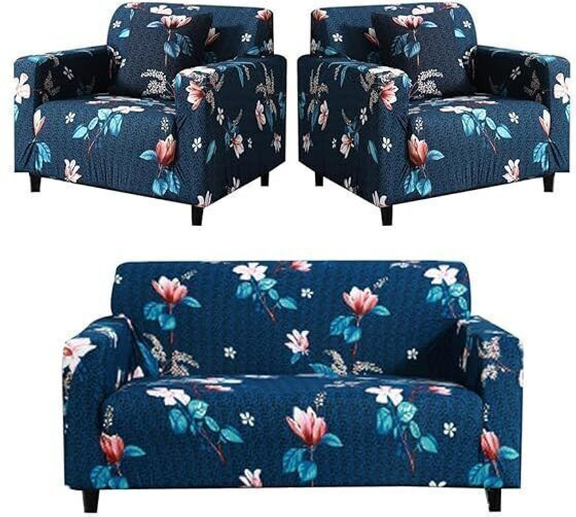 SmartFab Polyester 3+1+1 Seater Sofa Geometric Cover(Pack of 1 Blue)