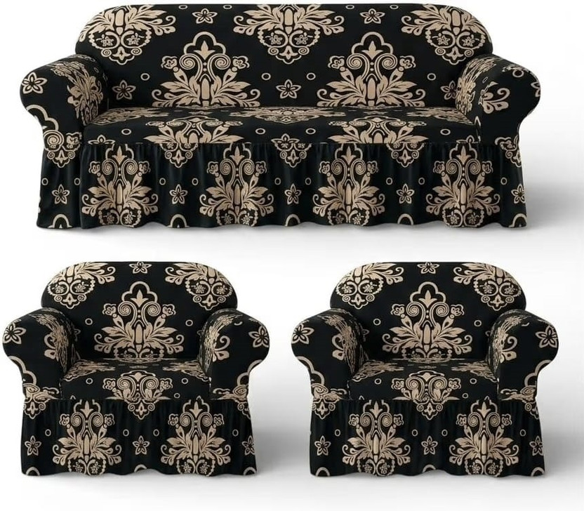 qualitypoint Polyester 3+1+1 Seater Sofa Printed, Floral Cover(Pack of 3 BLACK)