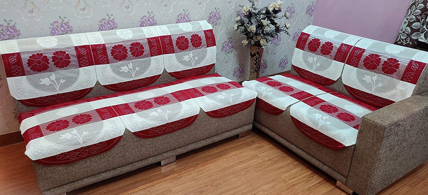 HUB OF DECOR Polyester 3+1+1 Seater Sofa Embroidered Cover(Pack of 1 Maroon, White)