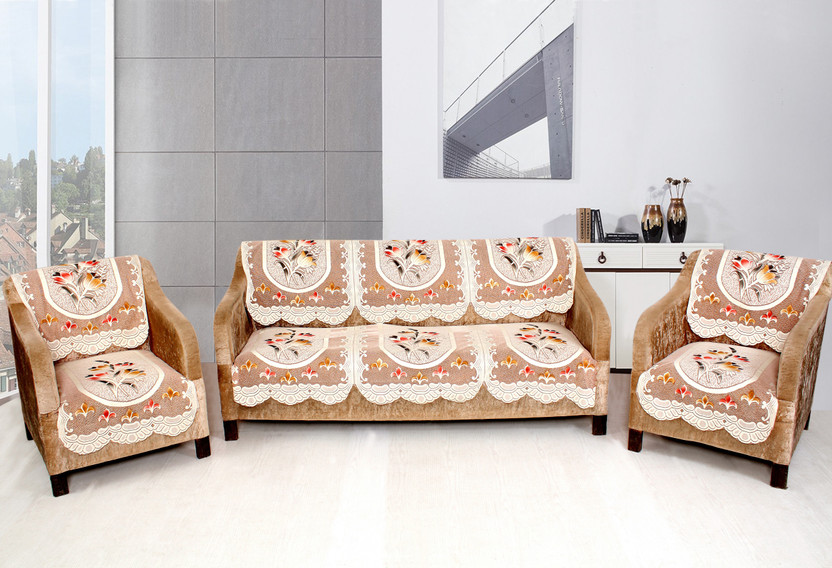 HUB OF DECOR Polyester 3+1+1 Seater Sofa Floral Cover(Pack of 1 Brown)
