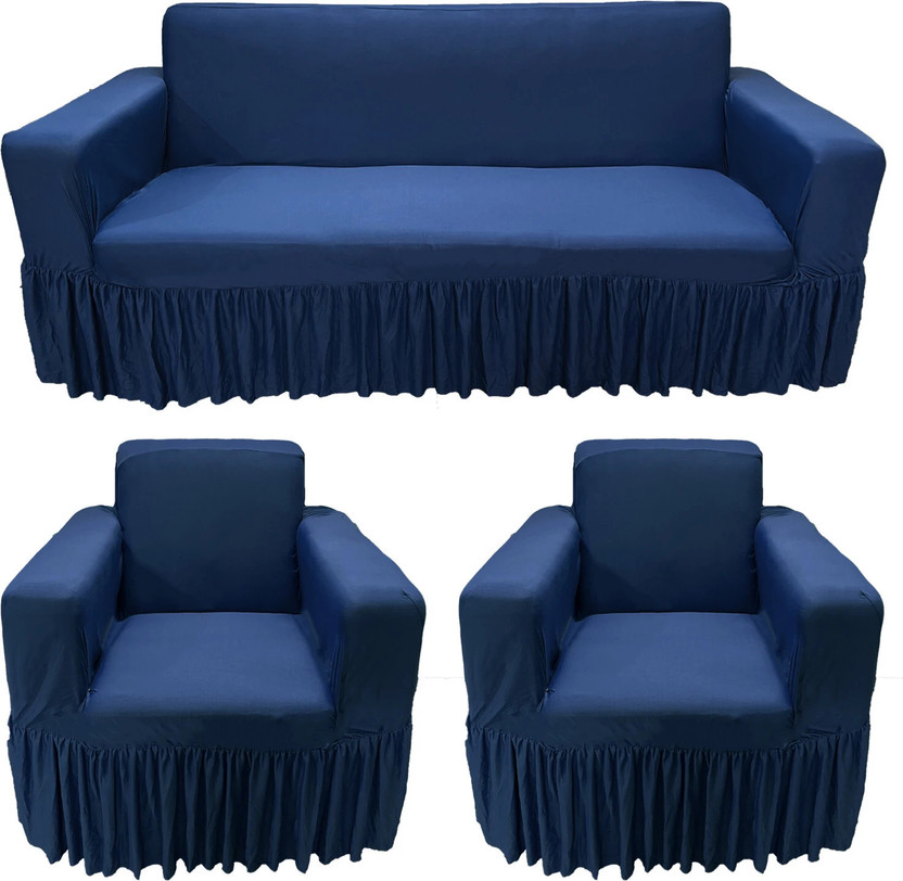 Gifts Island Polycotton 3+1+1 Seater Sofa Plain Cover(Pack of 3 Navy Plain Non-Slip Stretchable Elastic 360° Frill Sofa Cover (3+1+1 Seater)|)