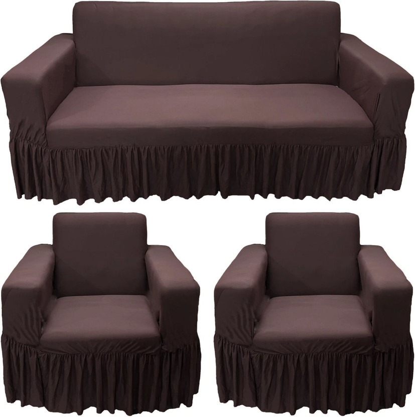 Gifts Island Polycotton 3+1+1 Seater Sofa Plain Cover(Pack of 3 Brown Plain Non-Slip Stretchable Elastic 360° Frill Sofa Cover (3+1+1 Seater)|)
