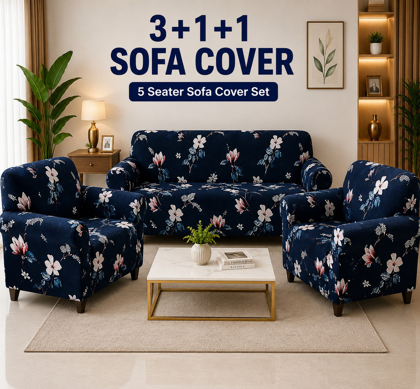 Decorry Cotton, Polycotton, Polyester 3+1+1 Seater Sofa Floral Cover(Pack of 3 BLUE FLOWER)