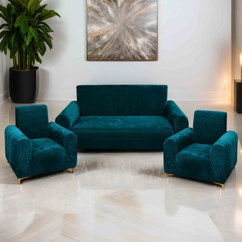 Rabhnoor Velvet 3+1+1 Seater Sofa Plain Cover(Pack of 3 Peacock)