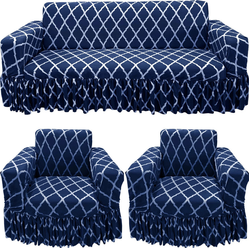 Gifts Island Polyester 3+1+1 Seater Sofa Geometric Cover(Pack of 3 Navy Diamond Non-Slip Stretchable Elastic 360° Frill Sofa Cover (3+1+1 Seater))