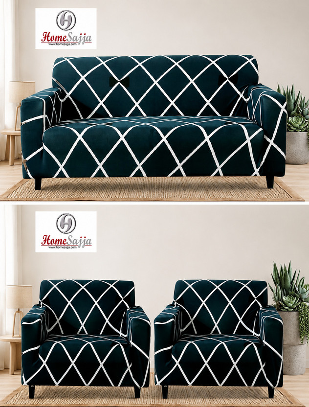 Homesajja Polycotton 3+1+1 Seater Sofa Geometric Cover(Pack of 3 BLUE LINE)