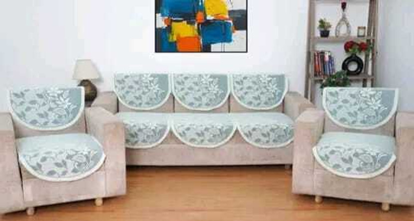 HOME SHINE Cotton 3+2 Seater Sofa Floral Cover(Pack of 6 Blue, White)