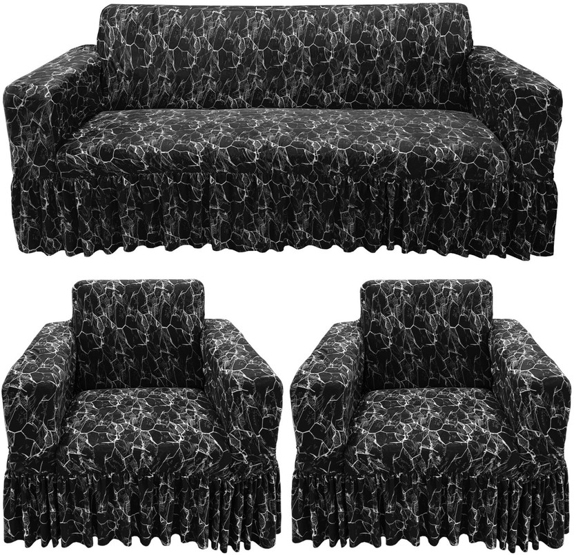 Gifts Island Polyester 3+1+1 Seater Sofa Abstract Cover(Pack of 3 Black Marble Non-Slip Stretchable Elastic 360° Frill Sofa Cover (3+1+1 Seater))