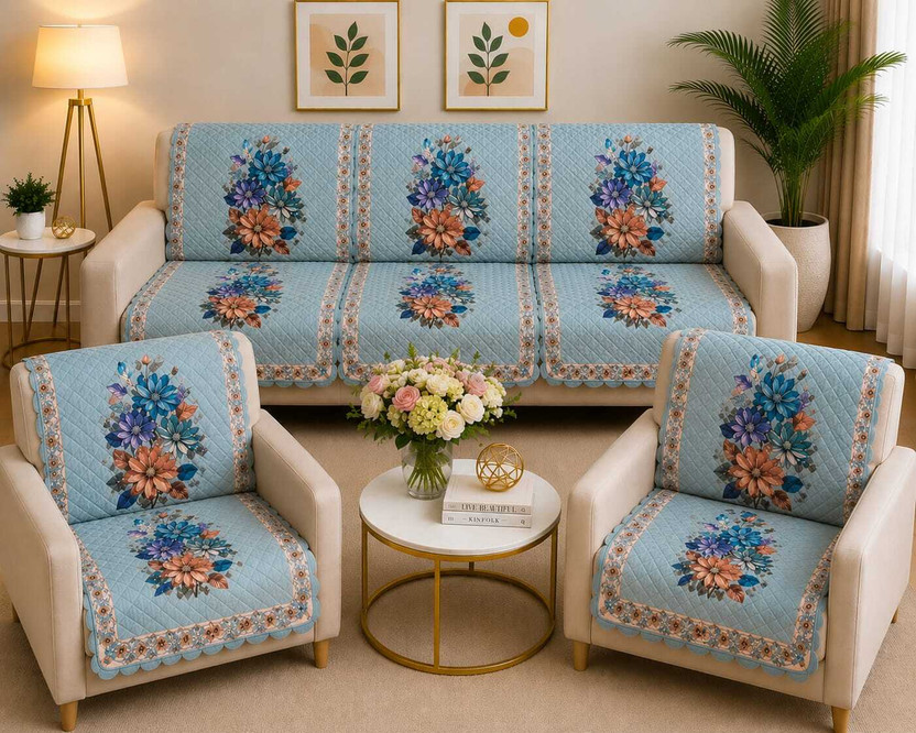 ONAVH Velvet 3+1+1 Seater Sofa Floral Cover(Pack of 10 Aque Blue)