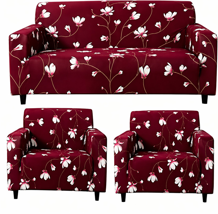 SAVI Polyester 3+1+1 Seater Sofa Geometric Cover(Pack of 1 Red Flower)