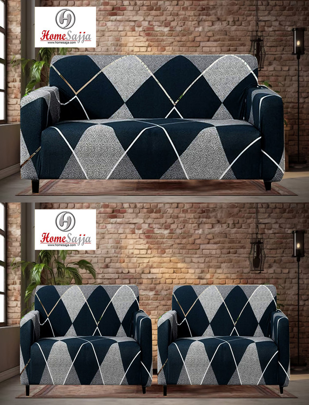 Homesajja Polycotton 3+1+1 Seater Sofa Floral Cover(Pack of 3 CHECK GREEN)