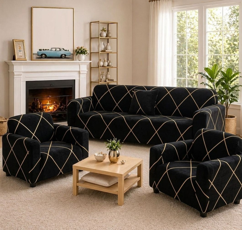 Sahib Polyester 3+1+1 Seater Sofa Geometric Cover(Pack of 3 Black)