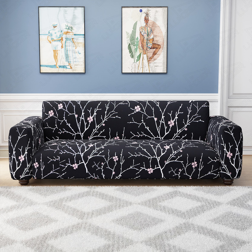 LUKZER Polyester 4 Seater Sofa Floral Cover(Pack of 1 Black Stem Design)