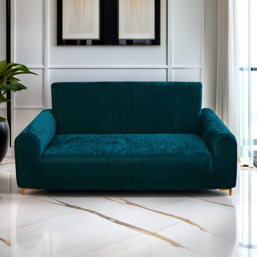 Rabhnoor Velvet 3 Seater Sofa Plain Cover(Pack of 1 peacock)