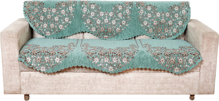 Fashion Throw Chenille 3 Seater Sofa Embroidered Cover(Pack of 2 Sage Green)