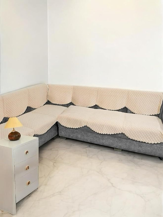 CasaBliss Velvet 8 Seater Sofa Checkered Cover(Pack of 16 Beige)