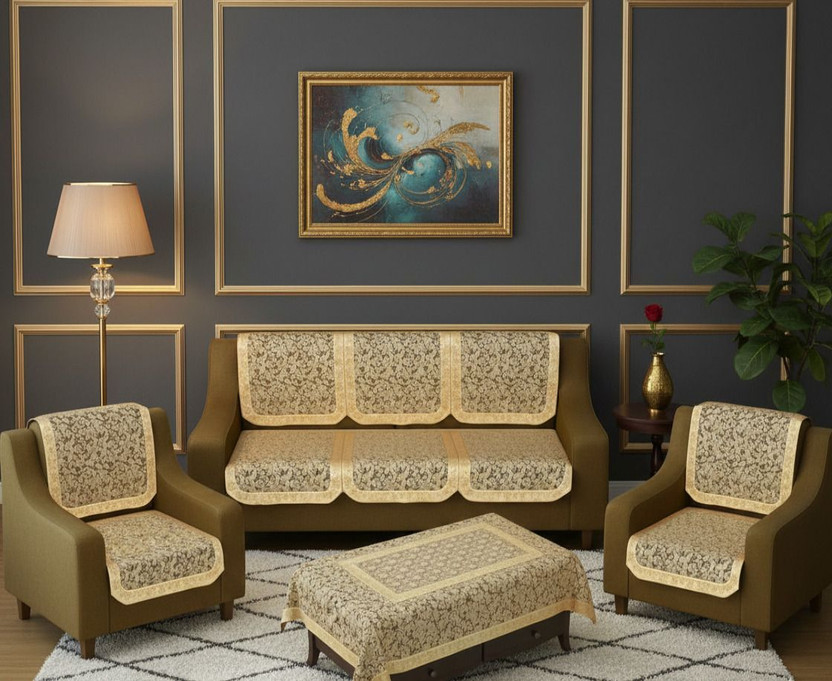 EASTTARDOMM Cotton 3+1+1 Seater Sofa Floral Cover(Pack of 7 Gold)