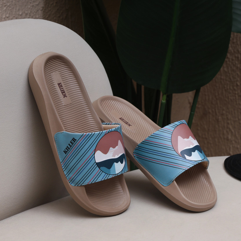 KILLER Men Slides(Beige, Blue , 9)