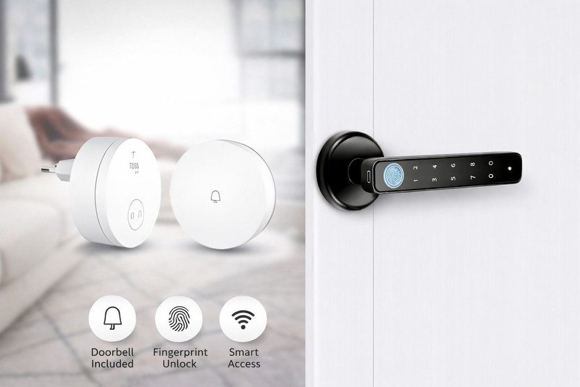 Toss Smart Door Lock Fingerprint Digital Lock for Main Door | Keyless Entry with PIN & Touch Keypad | Wireless Doorbell Combo Included | for Home & Office Smart Door Lock(Black, White)