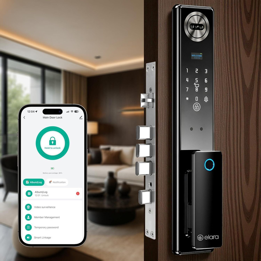 Elara Apex Edge Smart Door Lock, HD Display, Camera, Fingerprint, RFID Card Scanner, Pin Unlock, One Touch Lock, LED Light, Alarm Alert, Bluetooth & WiFi,(Apex Edge) Smart Door Lock(Black)