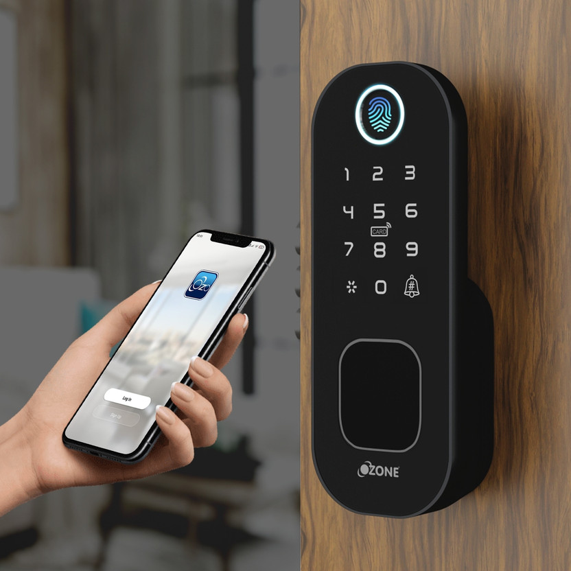 OZONE Fingerprint, RFID Card, Password Access, Mobile App Control, Voice-Guided Operation, Anti-Theft System, 20-65mm Door Thickness, Black Smart Door Lock(Black)