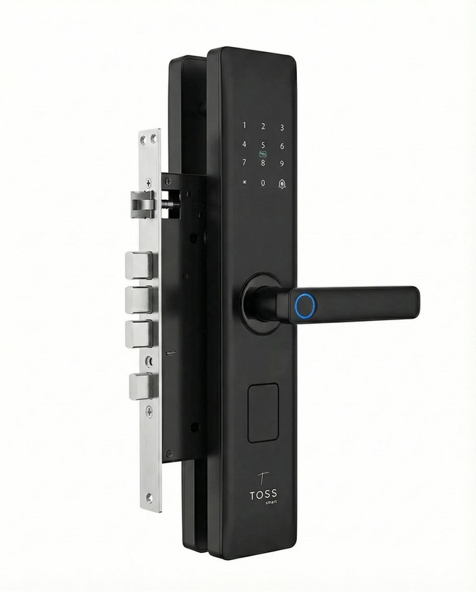 Toss Smart Locks Digital Lock | Smart Lock for Wooden/Steel/Composite Door | 4 in 1 Access | Fingerprint | RFID | PIN Access | Mechanical Key | Metal Black Smooth Finish | 2 Year Warranty Smart Door Lock | Free Installation Smart Door Lock(Black)