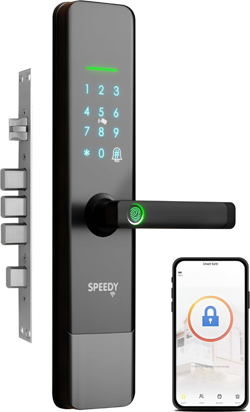 SPEEDY Wifi Enabled Smart Door Lock for Main Door with 5 in 1 Access | Biometric, 2 Emergency Keys | (No Extra Gateway Required) | 2-year Warranty & Free Installation by brand Smart Door Lock(Black)