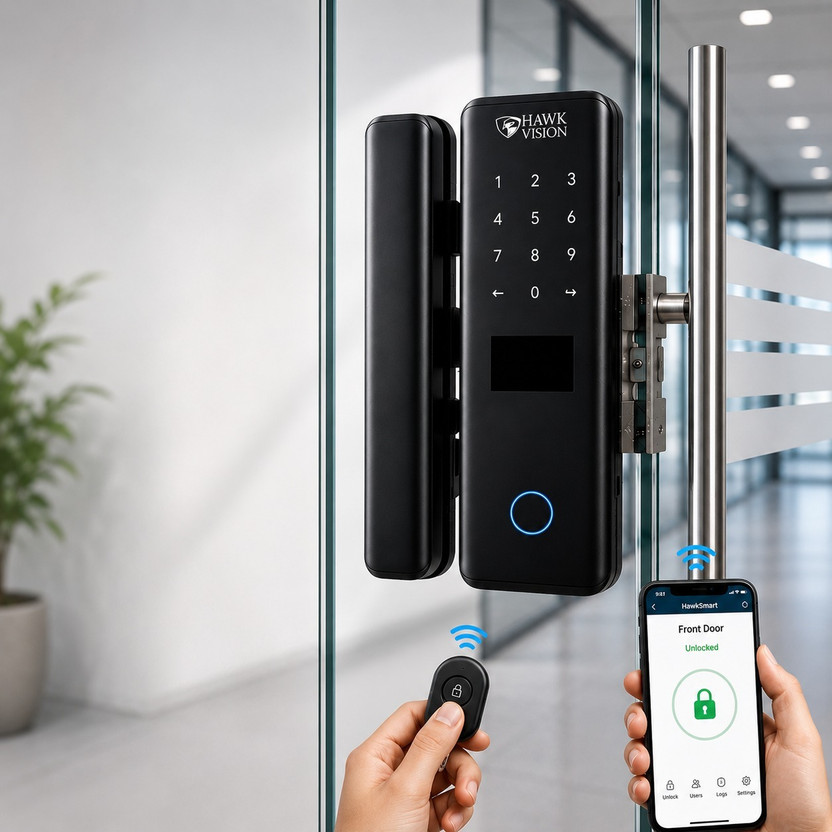 HAWK VISION WiFi Smart Glass Door Lock | 6-Way Unlock | Fingerprint, PIN & App | 8-15mm Smart Door Lock(Black)