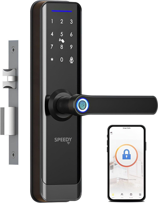SPEEDY WiFi Enabled Smart Door Lock for Main Door with 5 in 1 Access | Biometric, 2 Emergency Keys | (No Extra Gateway Required) | 2-year Warranty & Free Installation by brand Smart Door Lock(Black)