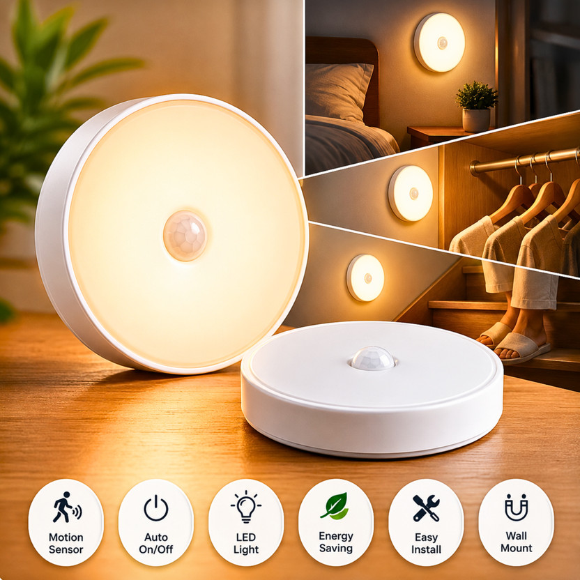 OLLOBEAM Round Motion Sensor Rechargeable Light, LED Magnetic Motion Activated Motion Sensor Light