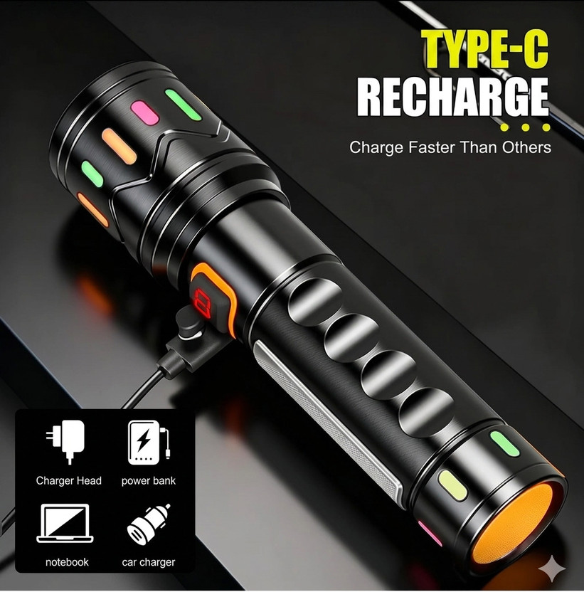 ROXTO Rechargeable LED Metal Torch with Zoom Head & Blinker Light Motion Sensor Light