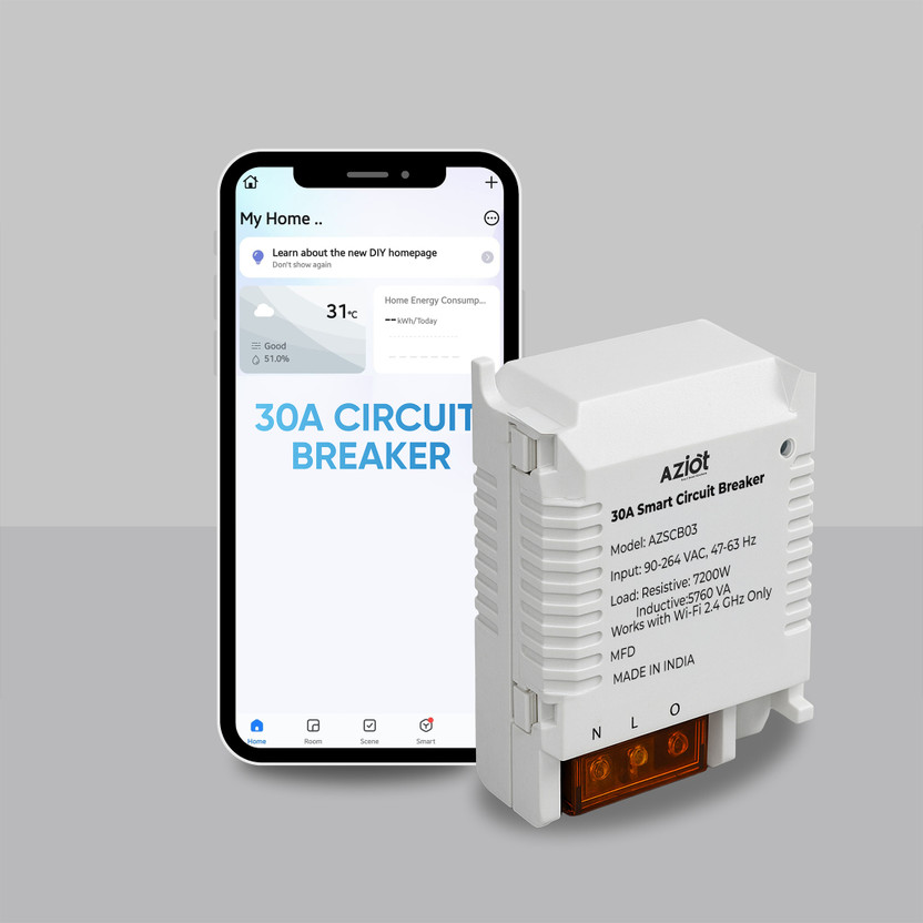 AZIOT WiFi + BLE Smart Circuit Breaker | 30A |Alexa & Google Compatible |Made in India Smart Switch(White)