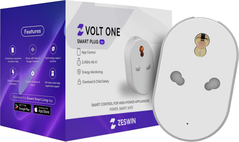 Zeswin Volt One 16A Wi-Fi Enabled Smart Plug with Energy Tracking for Heavy Appliances Smart Plug(Mullti Color)