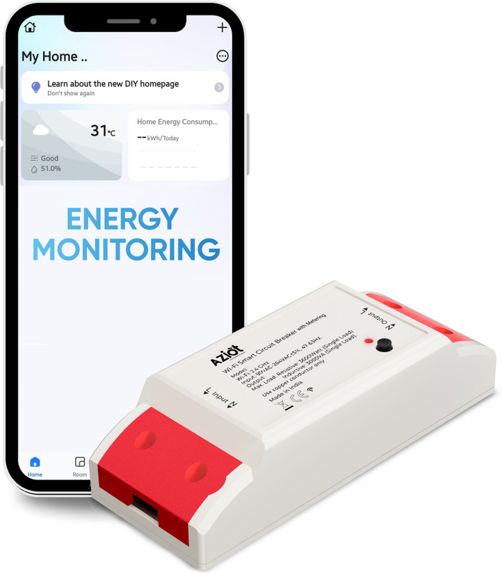 AZIOT WiFi + BLE Smart Circuit Breaker - 16Amp, Energy Metering Smart Switch(White)
